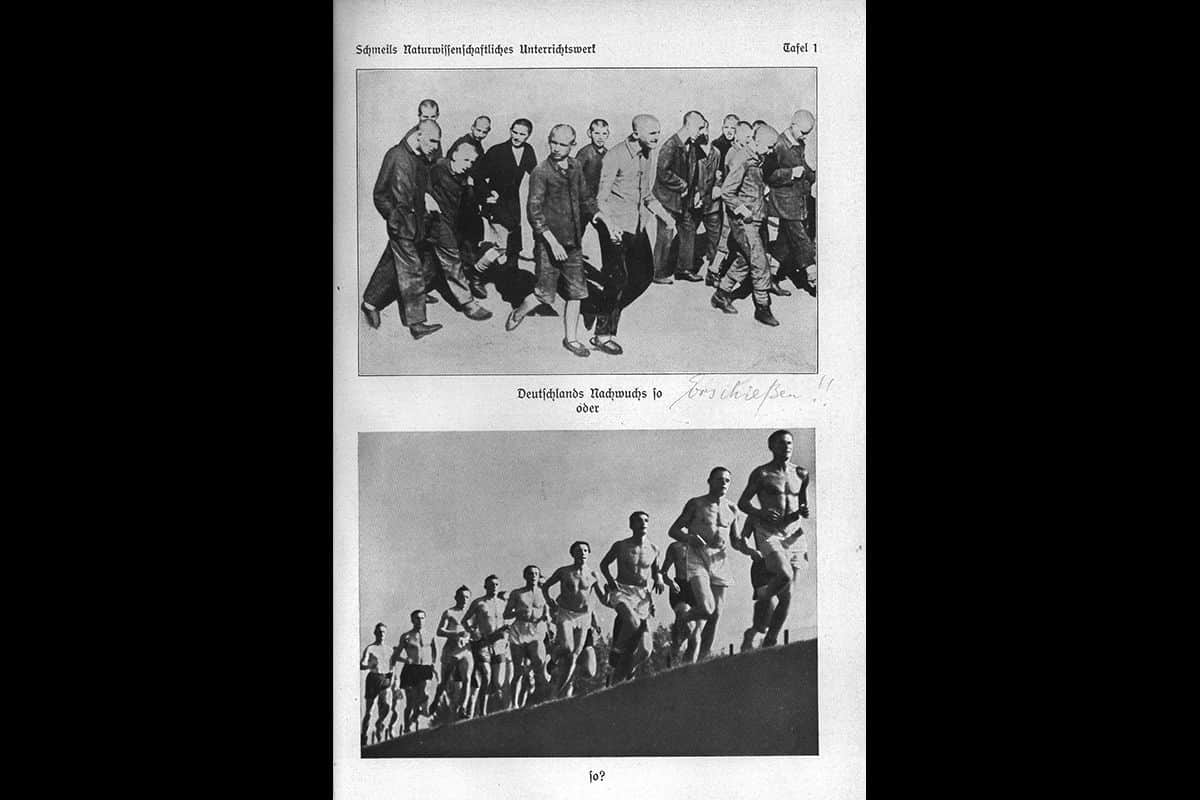 A page from a German propaganda textbook contrasting a photo meant to stereotype Jews as disorderly and different as they walked in a staggered line in wrinkled suits and mismatched, tattered clothing, with a photo below it of white, German soldiers running in a single-file line, none of them wearing shirts, thus revealing their muscular chests. A note written in German appears below the top photo, indicates a simple message about the outsiders: "Shoot them."